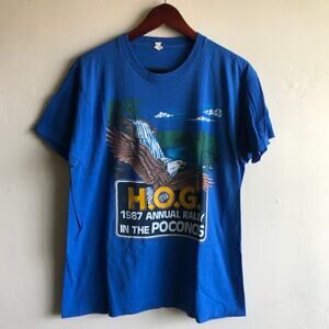 Vintage 1987 Harley Davidson Annual Rally Poconos Hog Blue Short Sleeve T Shirt